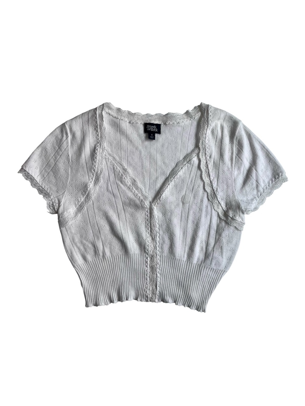 Y2K Coquette White Cotton Pointelle Short Sleeve Knit Crop Top
